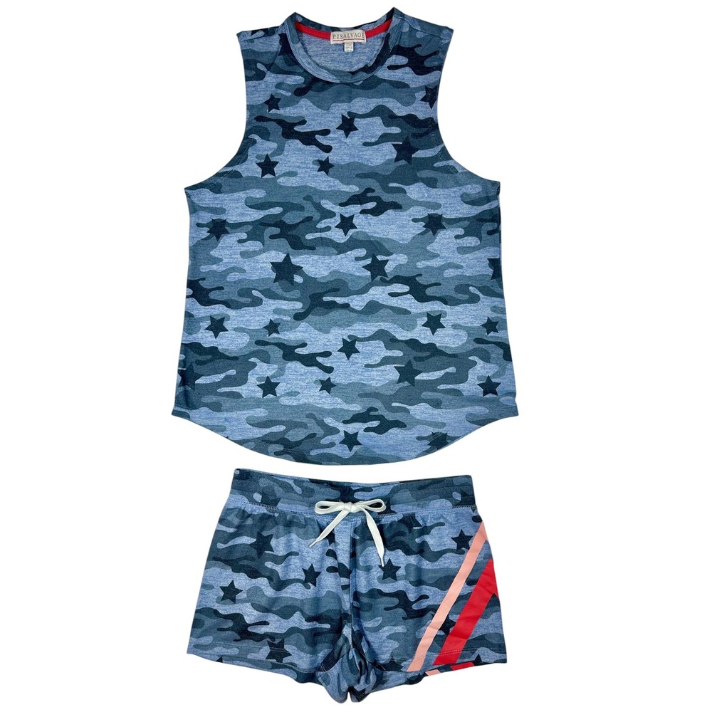 PJ Salvage Womens Blue Camo Star Pajama Set Tank and Shorts Small